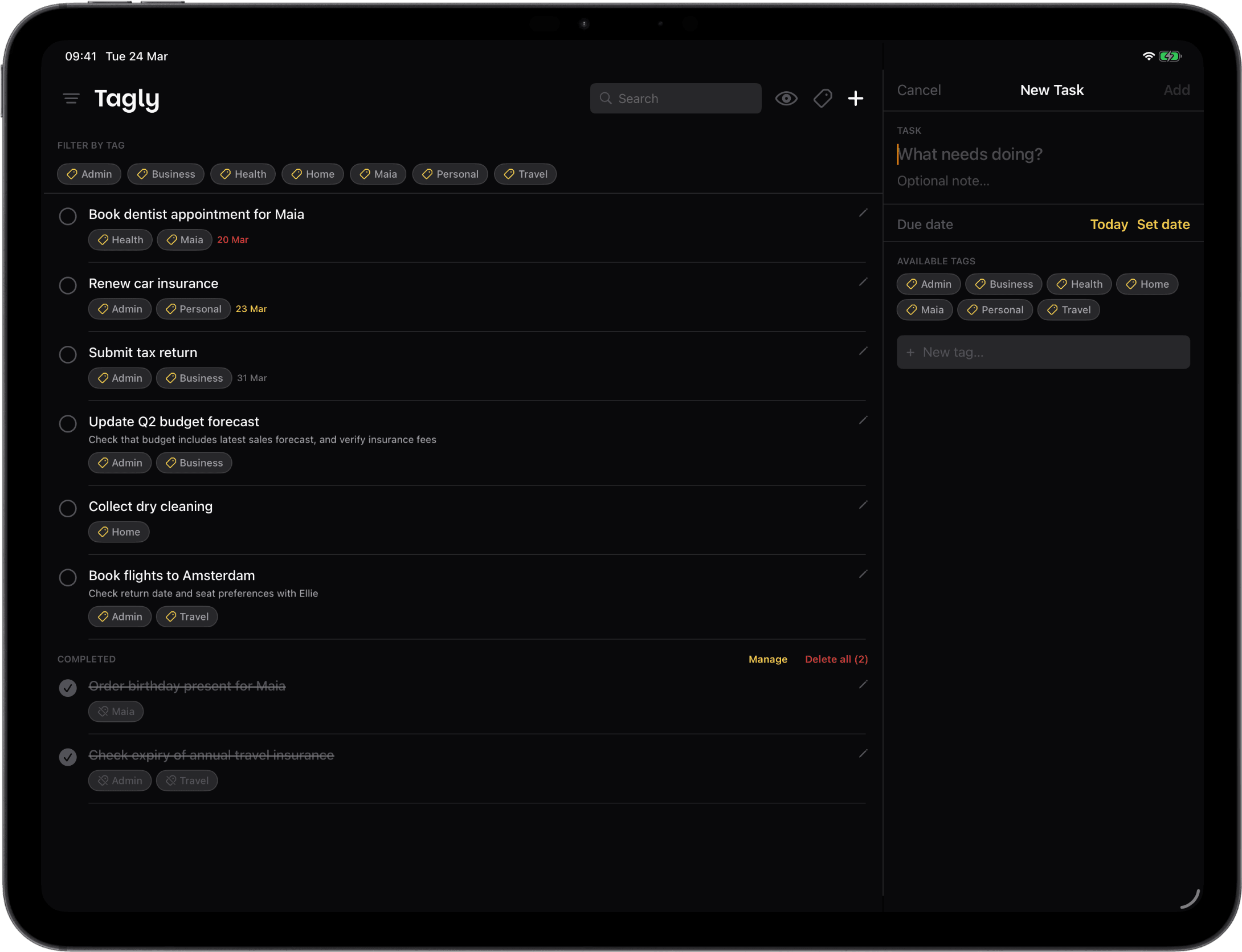 Tagly on iPad showing the two-column layout