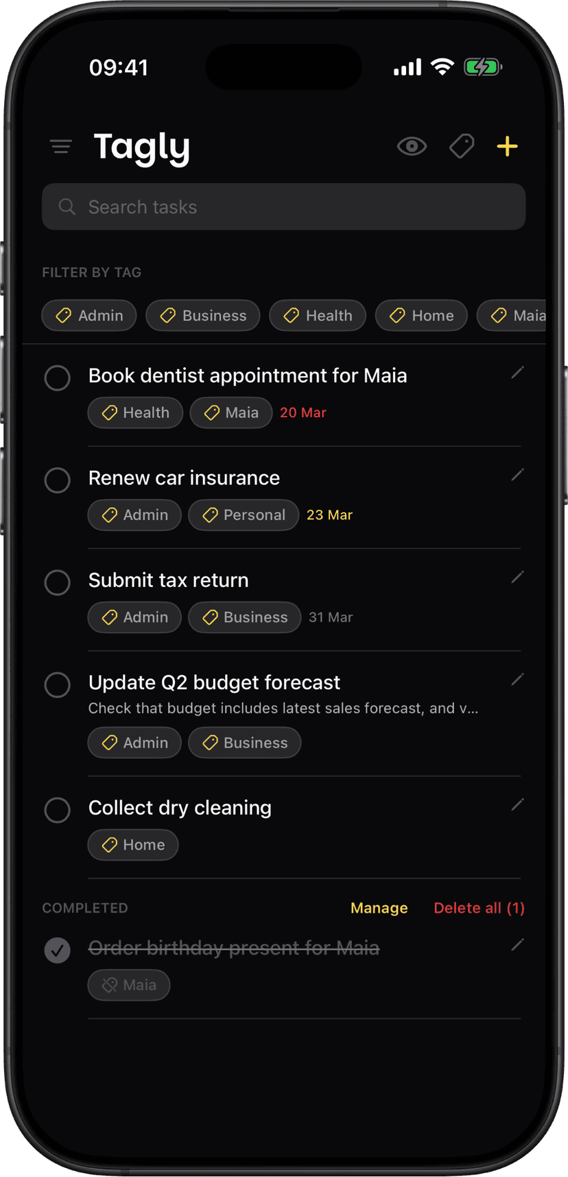 Tagly on iPhone showing your full task list